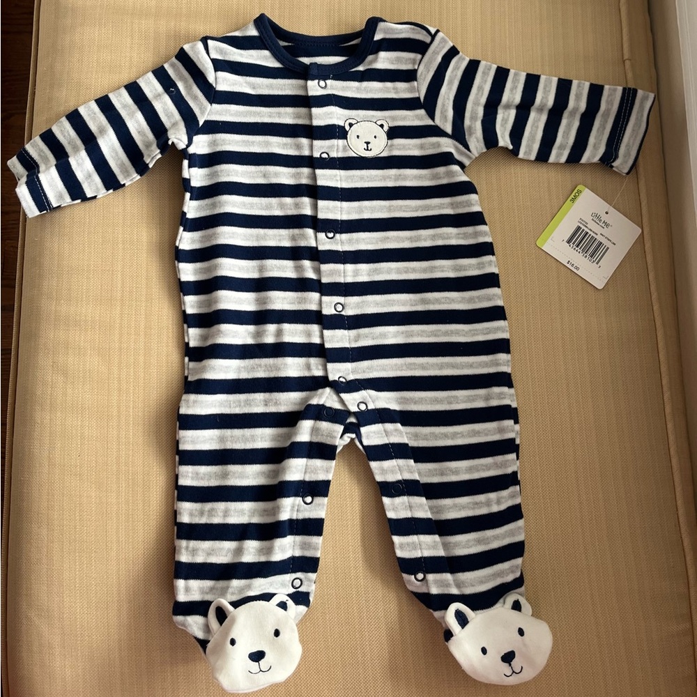 Striped Navy and White Bear Footed Onesie (3 months)